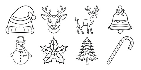Set of vector Christmas element line art on white background, Christmas icon collection