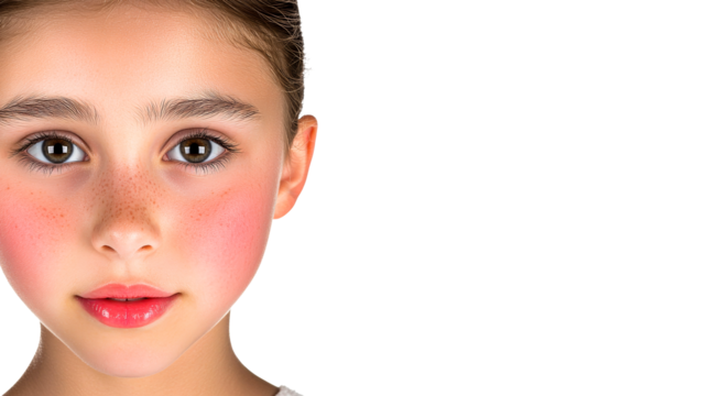 Girl closeup facial portrait with freckles, isolated, cut out transparent