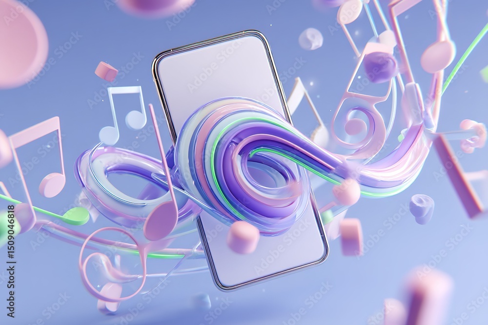 Poster colorful musical waves swirl around a smartphone, creating a vibrant and dynamic visual experience