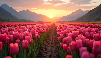 Tulip Field at Sunrise: A Floral Landscape