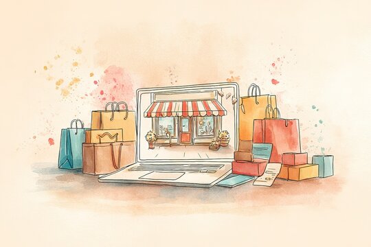 Online shopping experience with colorful bags and a storefront displayed on a laptop screen