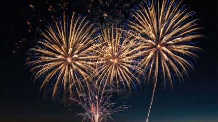 Golden fireworks explode against the night sky, forming starburst shapes with trails of light.