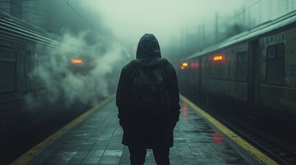 A man in a dark hoodie and heavy boots, standing on a desolate train platform, his back slightly hunched with exhaustion.