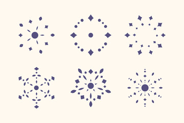 Collection of six abstract snowflakes isolated on white background