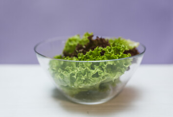 Fresh salad in a bowl on a purple background with copy space. Local food concept.