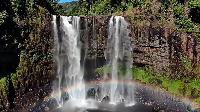 Majestic Akaka Falls, Hilo, Hawaii 442-foot waterfall with a vibrant rainbow. Lush rainforest, cinematic drone view.
