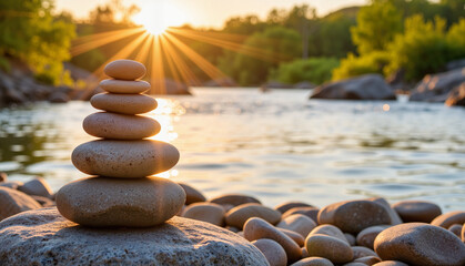Stacked pebbles balanced on rocks by the river during sunset  