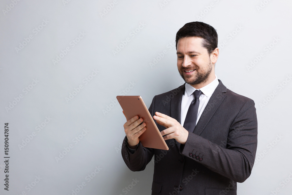 Poster smiling businessman using tablet on light grey background. space for text