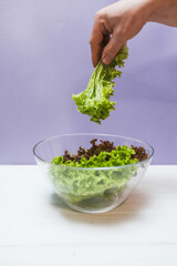 Fresh salad in a bowl on a purple background with copy space. Local food concept.