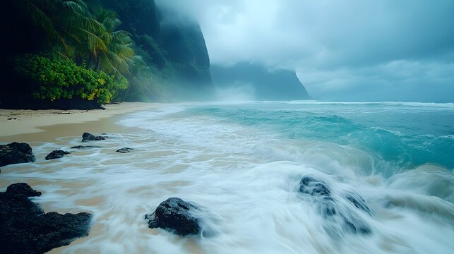 A serene beach landscape showing waves crashing on black rocks and misty mountain silhouettes behind the palm trees exhibits an abstract theme of calmness and beauty in nature. - Powered by Adobe