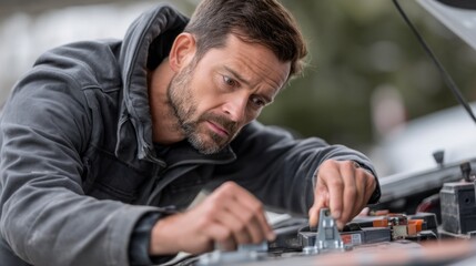 A man carefully replaces the car battery under the hood of a vehicle, ensuring proper connections and secure placement. Cold weather surrounds him as he focuses on the task
