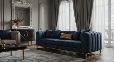 Navy blue sofa in modern room
