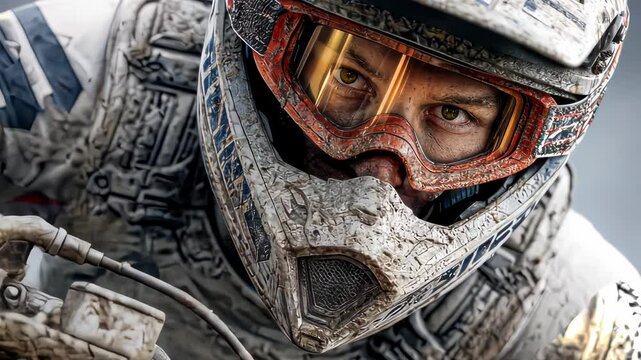 Close-up of a determined motocross racer in helmet and mud-covered gear gripping the handlebar