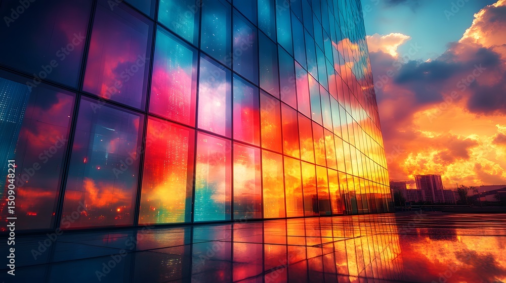 Poster an abstract modern glass architecture reflecting a vibrant and colorful sunset. the building's facad