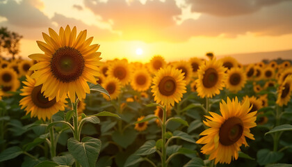 Obraz premium Sunflower Field at Sunset: Golden Hour Bloom