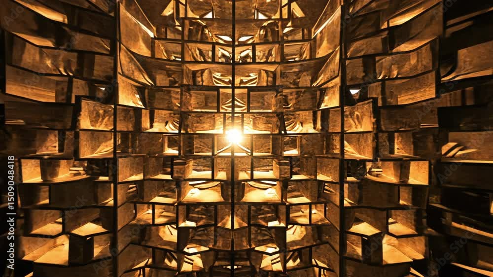 Poster abstract golden reflection in a 3d structure surrounded by shiny metallic walls