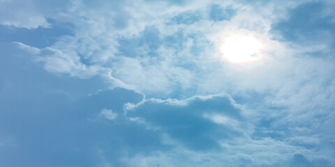 Blue soft sky clouds, light bright sunny, crystal effect background image, a storm canvas, Fresh air weather atmosphere, sunlight, landscape,  