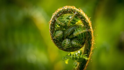 Close-Up of Dew-Covered Fern Fiddlehead Unfurling in Soft Sunlight