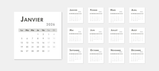 2026 calendar modern classic on French language. Week starts on Monday. Desk or wall calendar in minimalist style