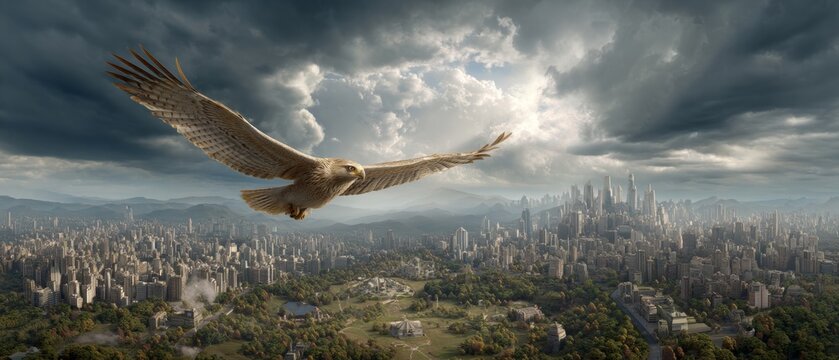 Majestic mythical roc soars over modern cityscape in dramatic sky for fantasy concept art and poster design