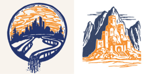 Obraz premium Scenic Illustration of City Skyline and Majestic Castle in Nature