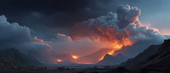 Majestic volcanic eruption with lava flow and smoke clouds in scenic landscape