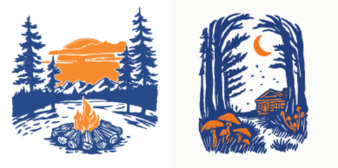 Scenic Camping Illustration with Fire and Forest Elements