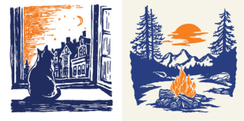Cozy Cat by Window and Campfire Scene Vector Illustration