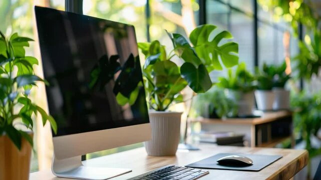 Modern home office with green plants, computer monitor, and stylish decor for productivity and inspiration 4k video footage