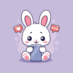 cute rabbit with smartphone and speech bubbles vector illustration designicon.