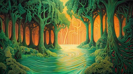A vibrant, detailed forest scene with flowing water.