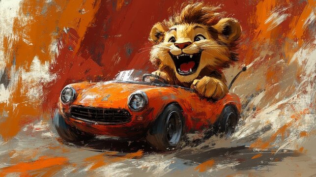 A messy, childlike drawing of a lion driving a tiny convertible with a huge grin, surrounded by zig-zag lines and random doodles. 