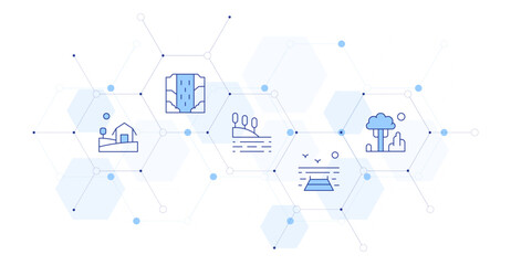 Landscape Banner Vector Illustration with Icon Style in Between. Line Duotone icon. Containing. farm, waterfall, bay, pier, tree