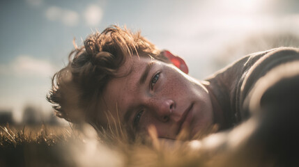 Young man lying on grassy field gazing at sky with serene expression, surrounded by soft sunlight, symbolizing freedom, aspiration, and dreamy atmosphere.
