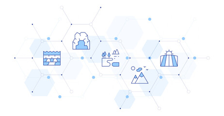 Landscape Banner Vector Illustration with Icon Style in Between. Line Duotone icon. Containing. field, cave, lake, mountain