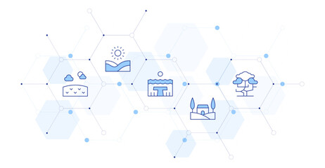 Landscape Banner Vector Illustration with Icon Style in Between. Line Duotone icon. Containing. prairie, dunes, lake, landscape, tree