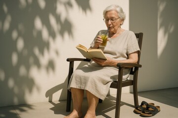 Elderly woman enjoying a drink and reading a book in a sunny outdoor setting