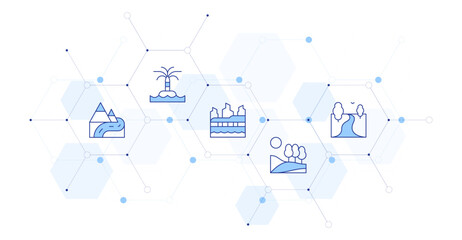 Landscape Banner Vector Illustration with Icon Style in Between. Line Duotone icon. Containing. river, island, torres del paine, hill