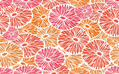 Colorful seamless pattern of abstract floral shapes in pink, orange, and red tones, evoking vibrant and cheerful mood