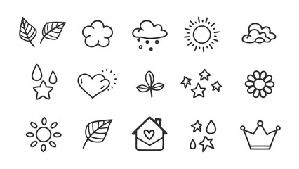 Fototapeta premium Doodle nature elements vector set, hand drawn leaves, clouds, sun, stars, flower, heart, crown, house, rain