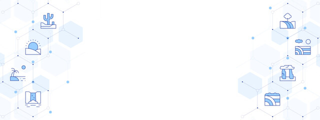 Landscape Banner Vector Illustration with Two-sided Icon Style. Line Duotone icon. Containing. desert, sunset, beach, waterfall, field, megalith, meadow