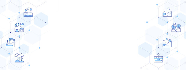 Landscape Banner Vector Illustration with Two-sided Icon Style. Line Duotone icon. Containing. field, landscape, winter, forest, beach, hill, desert