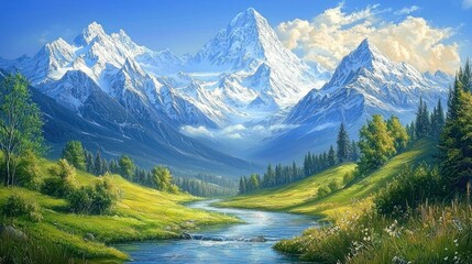 Scenic landscape of snow-capped mountains, lush greenery, and a tranquil river.