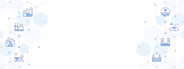 Landscape Banner Vector Illustration with Two-sided Icon Style. Line Duotone icon. Containing. fiord, nature, river, desert, field, sunset, farm