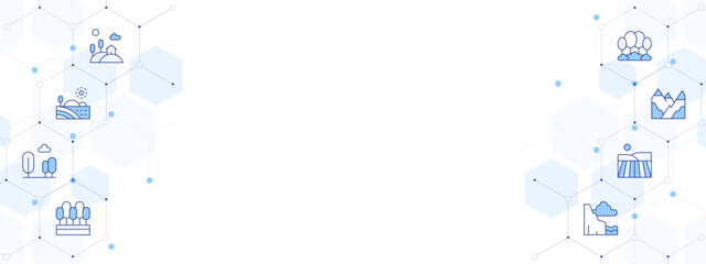 Landscape Banner Vector Illustration with Two-sided Icon Style. Line Duotone icon. Containing. hill, field, forest, cliff, mountain