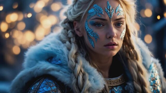 A striking portrait of a fair-haired woman, possibly a warrior or mythical figure, adorned with intricate blue and silver face paint resembling feathers or icy patterns. 