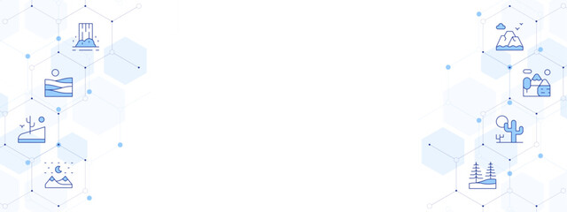 Landscape Banner Vector Illustration with Two-sided Icon Style. Line Duotone icon. Containing. waterfall, terraces, desert, landscape, nature, mountain