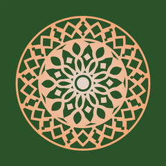 Geometric floral mandala pattern in peach on green background