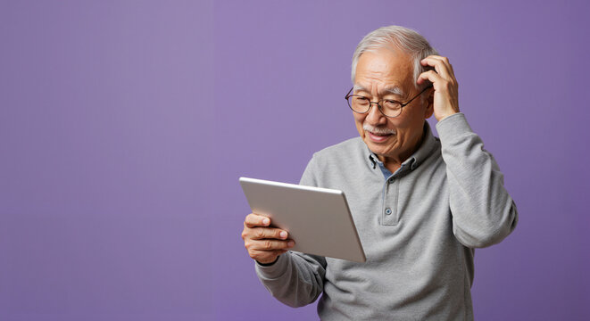 Elderly man looking puzzled while using tablet against purple background