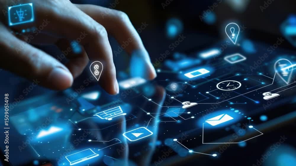 Poster futuristic hand interaction with smartphone displaying digital icons and data visualization concepts